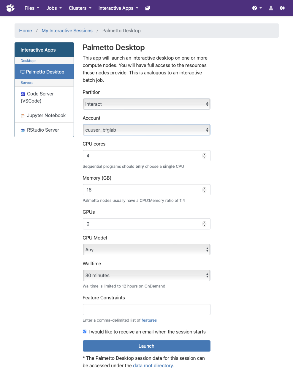 desktop options specification screen