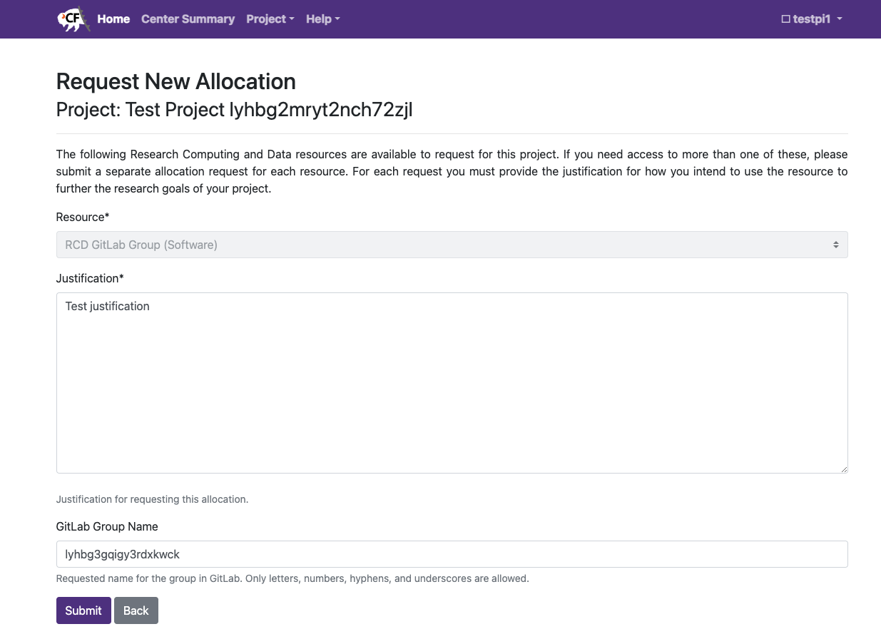 Screenshot of RCD GitLab request form