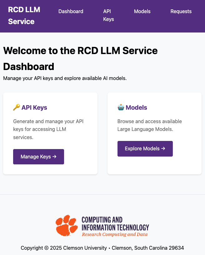 Screenshot of the RCD LLM Service dashboard