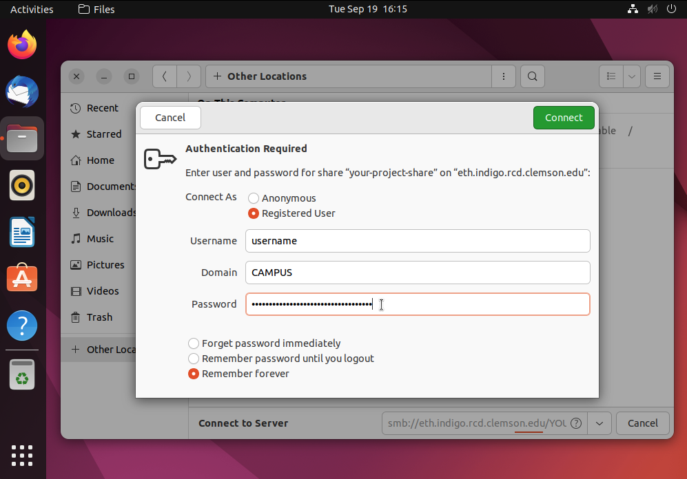 Screenshot of the Authentication Required dialog box with example credentials typed in Username, Domain, and Password boxes.