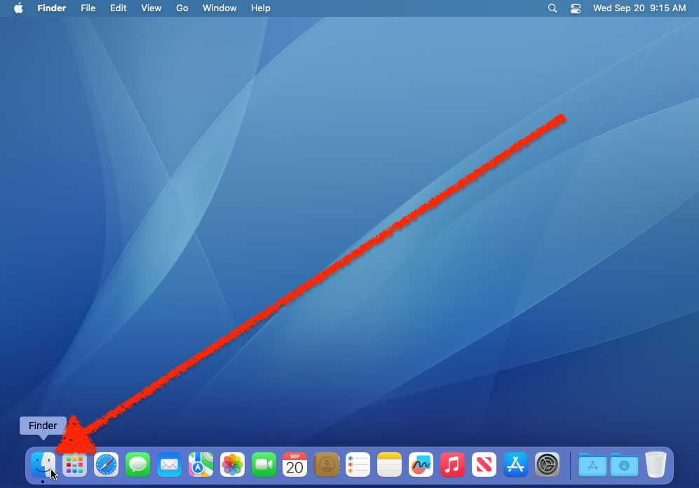 Screenshot of the Mac home screen with an arrow pointing towards finder.