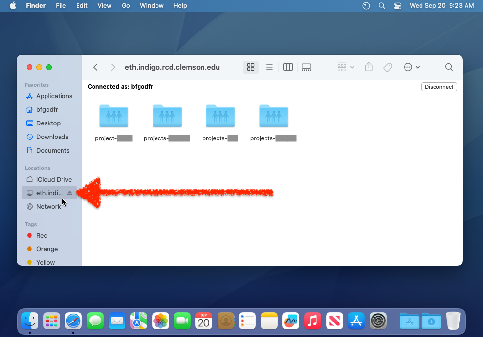 Screenshot of finder with an arrow pointing towards the newly created storage.