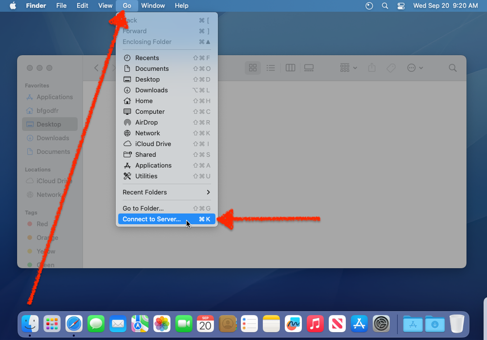 Screenshot of the finder app with the go tab open and an arrow pointing towards the connect to server option.
