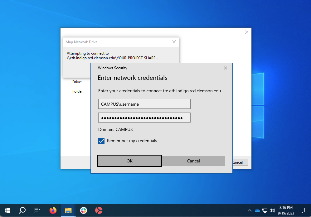 Screenshot of the windows security dialog box with sample credentials typed in.