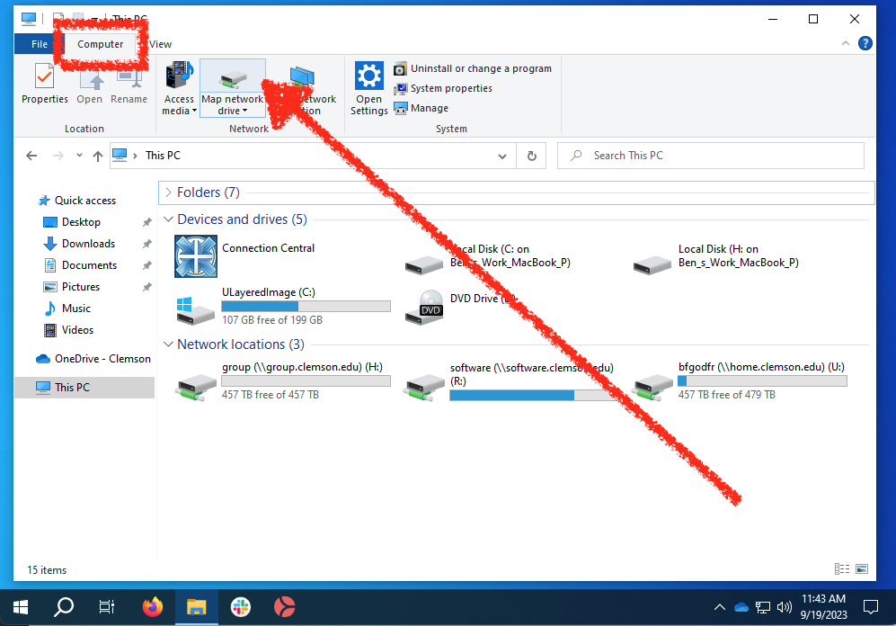 Screenshot of the this PC directory with a box around the selected computer tab and an arrow pointing towards the map network drive button.