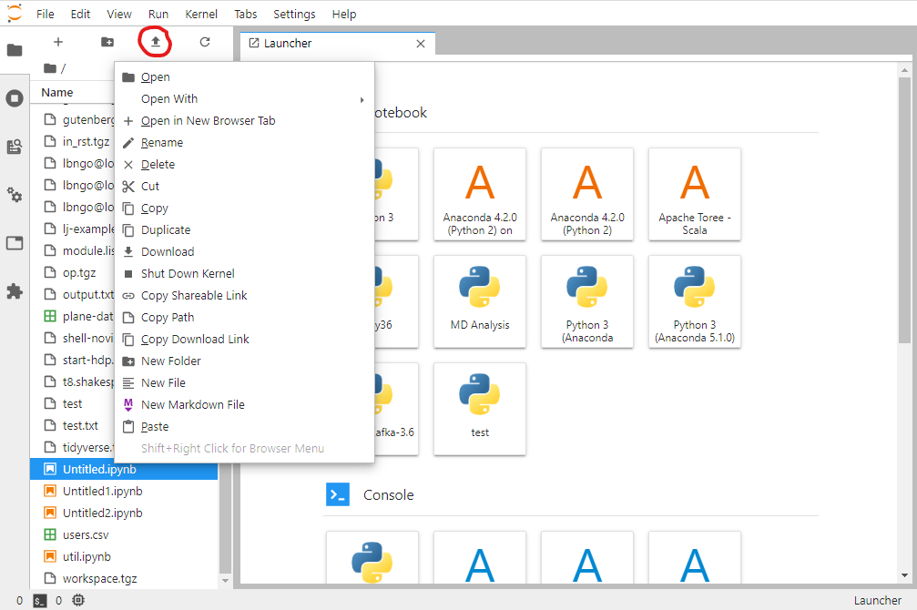 Screenshot of the JupyterLab dashboard with the current file right-clicked and a circle around the upload arrow.