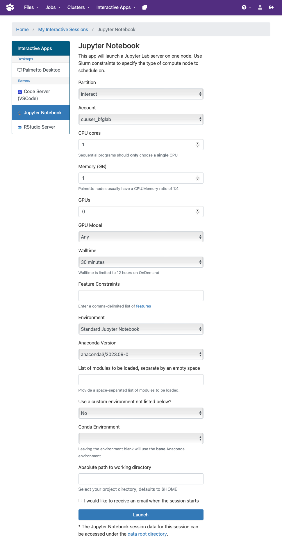 Screenshot of the Jupyter Notebook server configuration page.