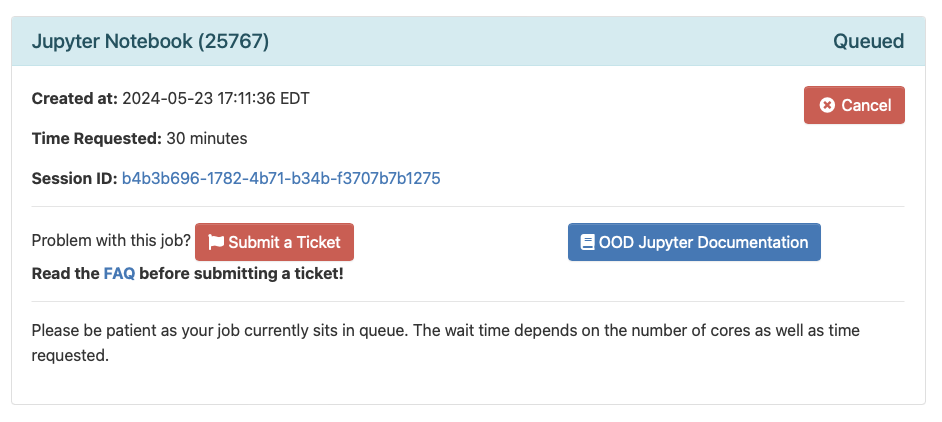 Screenshot of the list of interactive sessions page showing the Jupyter Notebook job is waiting in queue.