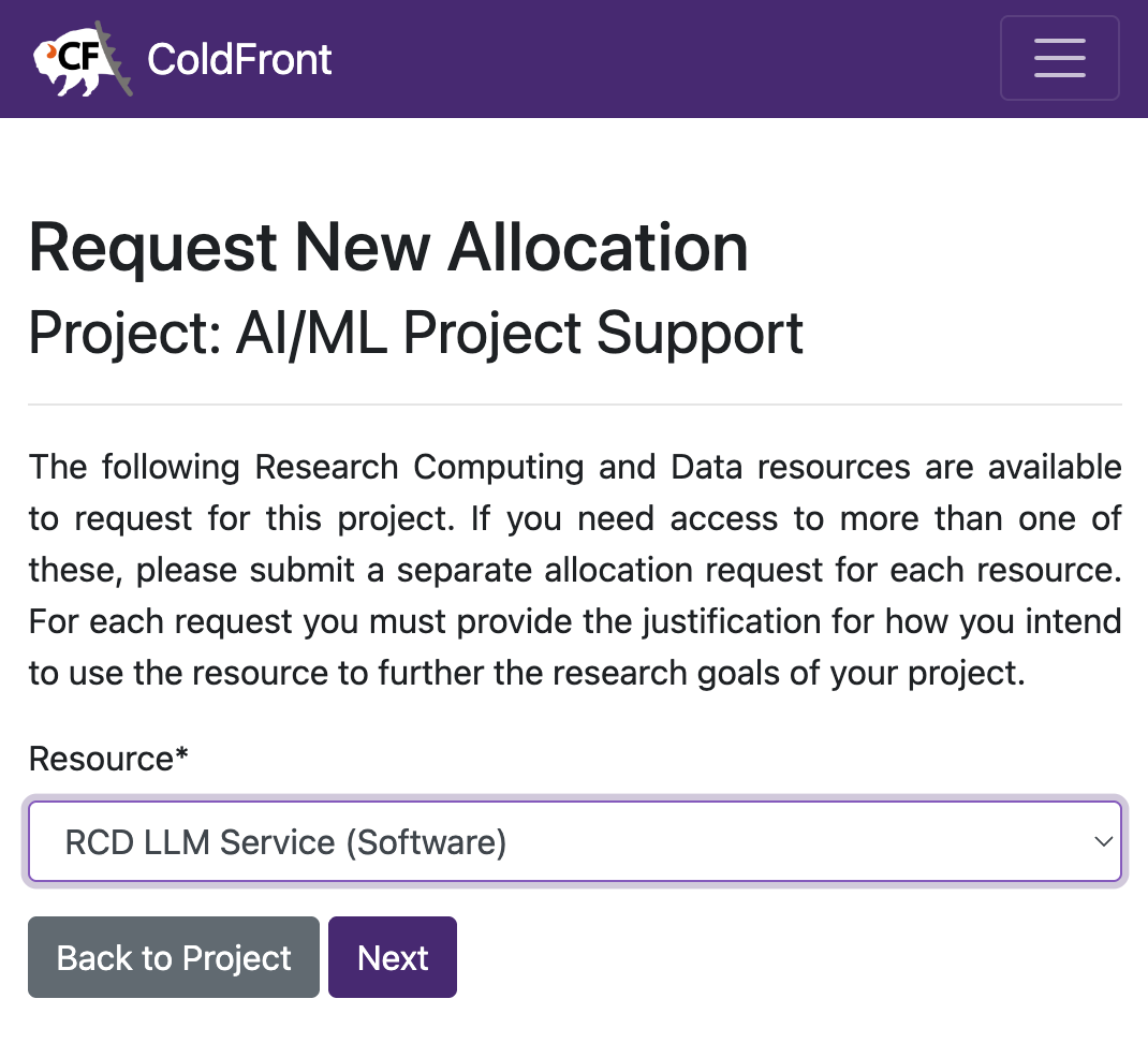 Screenshot of the RCD LLM Service resource selection in ColdFront