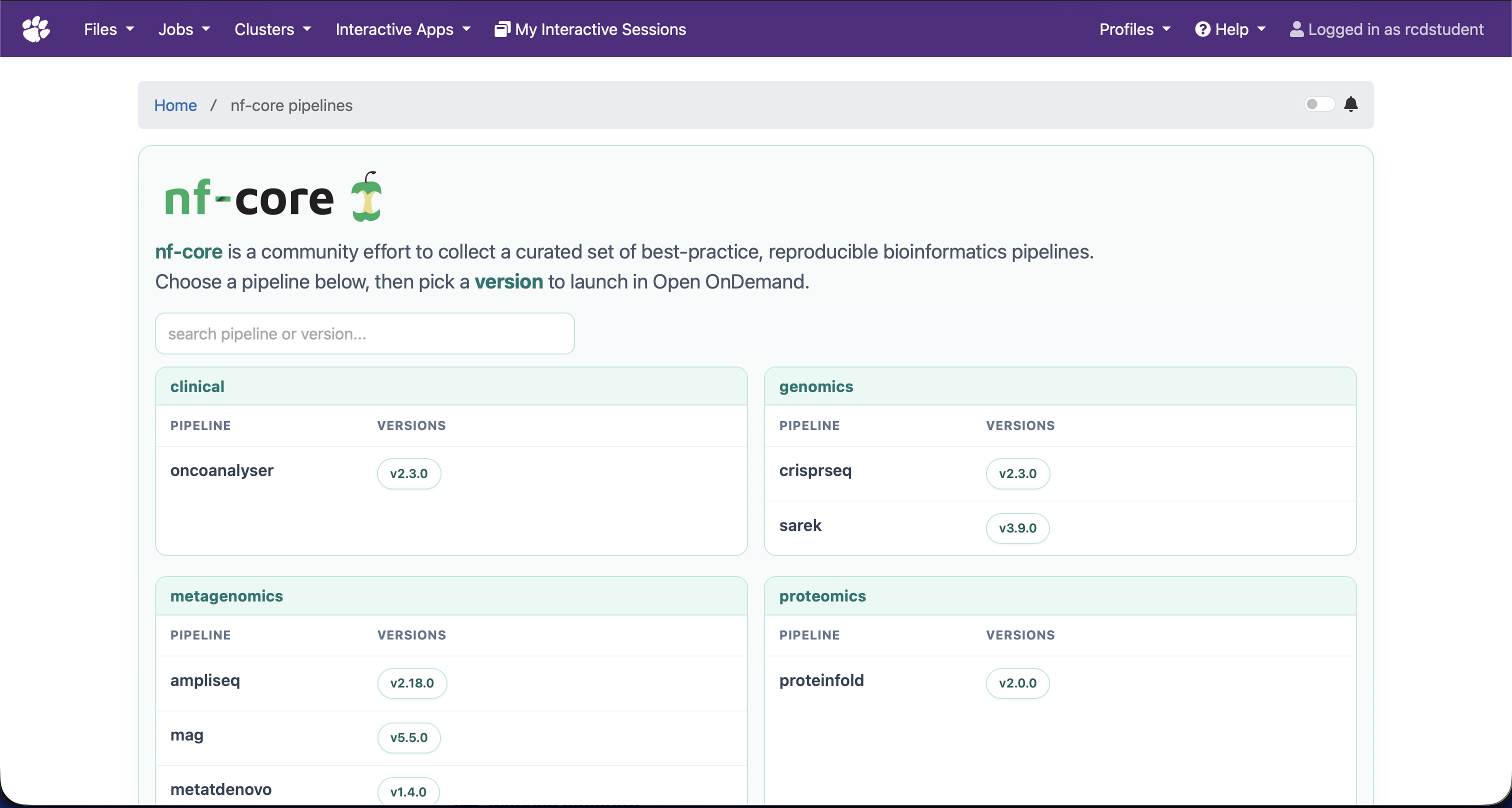 The nf-core dashboard, showing available pipeline groups and versions.