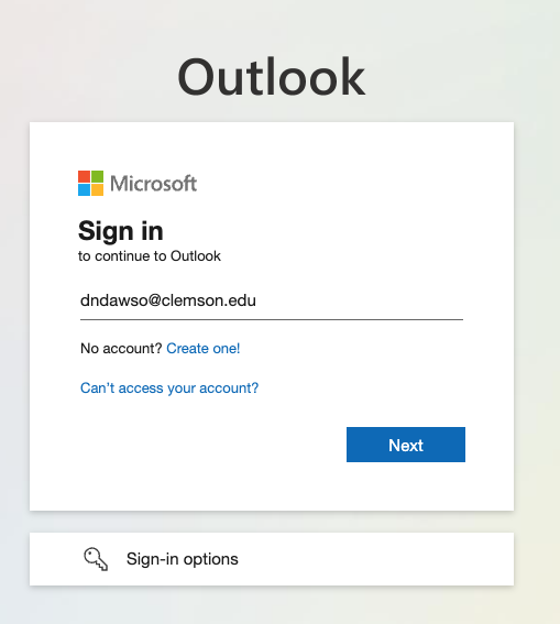 Screenshot of Outlook Login with Clemson email filled.