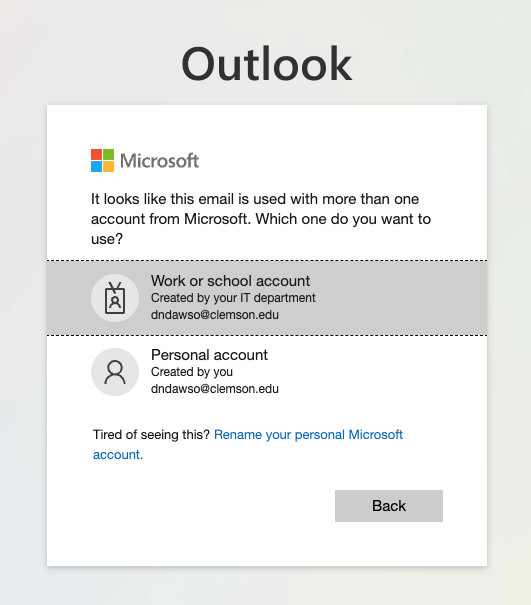 Screenshot of Outlook Login, selecting work or school account.