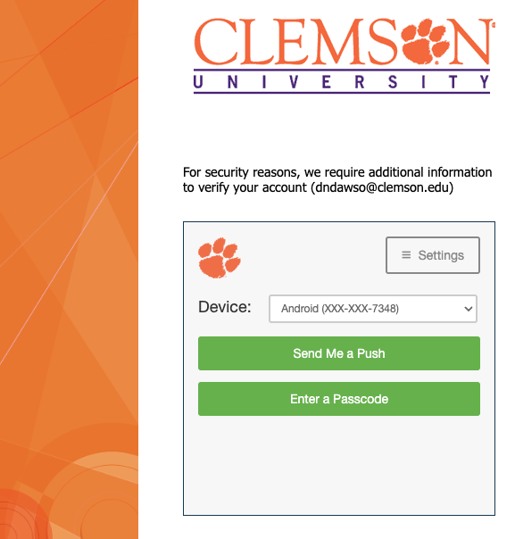 Screenshot of Clemson ADFS 2FA screen.