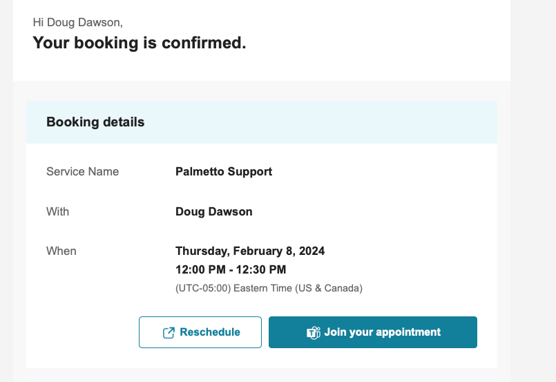 Screenshot of confirmation email with reschedule button.