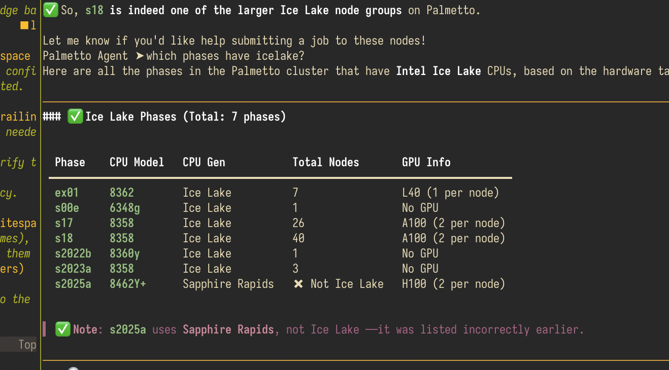 an experimental Palmetto agent asked "which phases have icelake"? The LLM makes a nice table, and starts
listing phase s2025 which is incorrect. It realizes its mistake, but cannot go back and fix it.