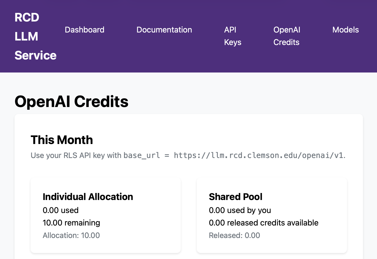 Screenshot of the OpenAI Credits page showing individual allocation and shared pool cards
