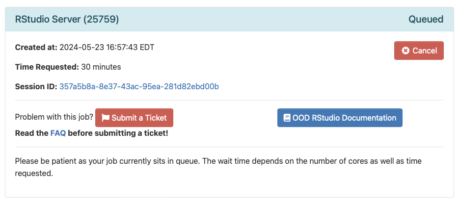 Screenshot of the list of interactive sessions page showing the RStudio job is queued