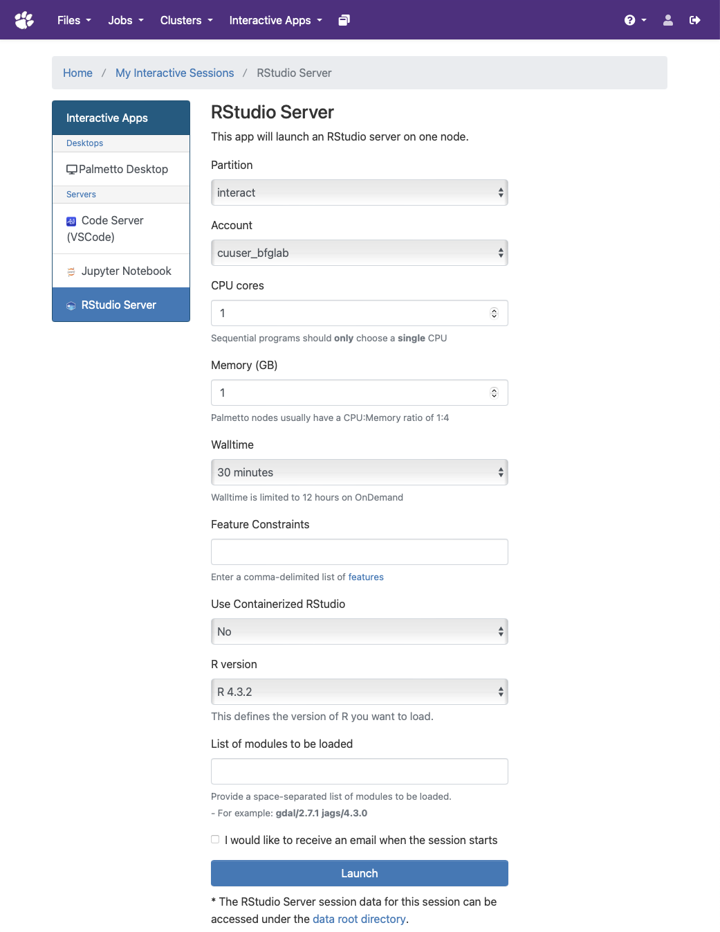 Screenshot of the RStudio server configuration page.