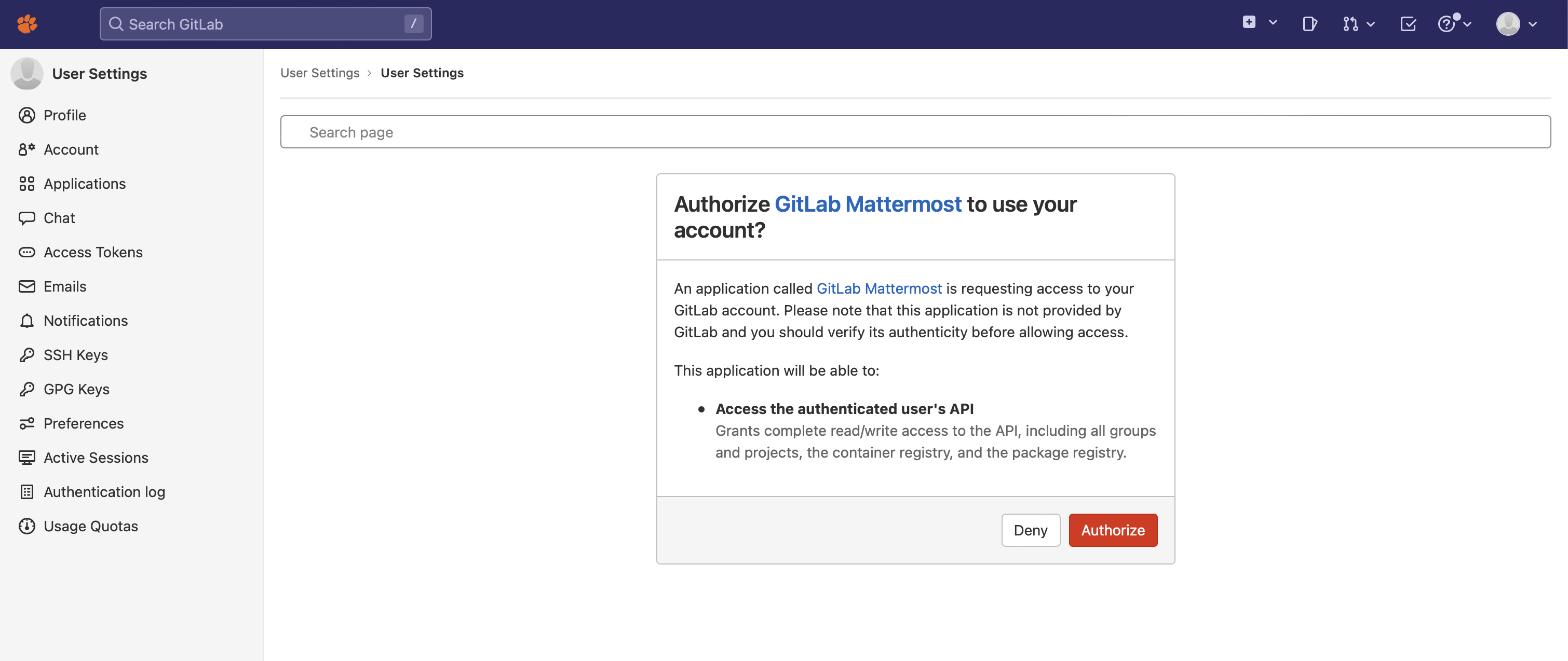 Mattermost authorization screen