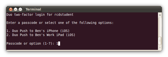 GNOME Terminal showing SSH DUO Security prompt