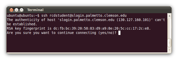 GNOME terminal showing SSH host key message