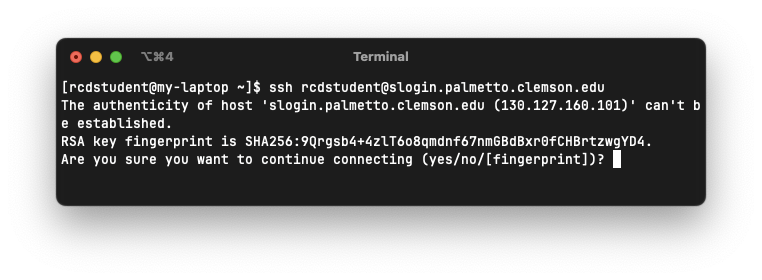 macOS terminal showing SSH host key message