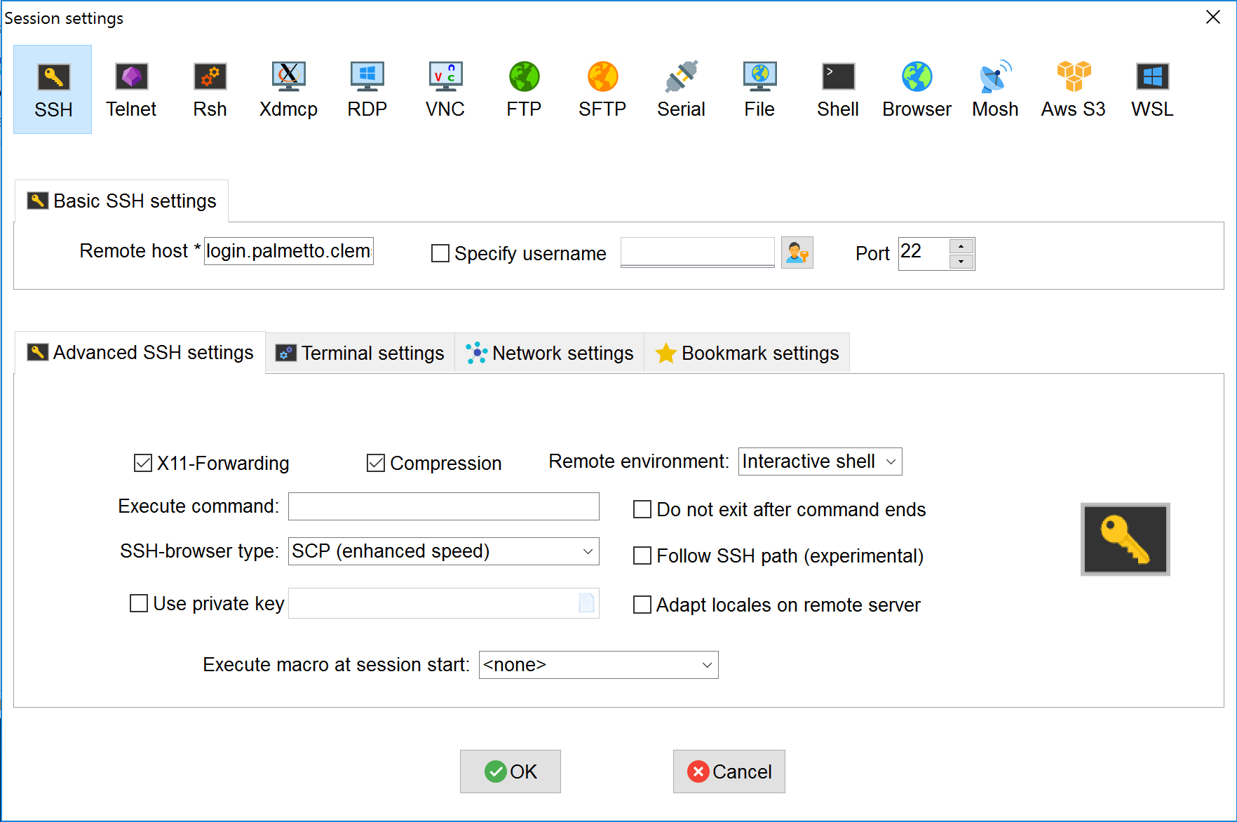Screenshot of the MobaXterm program session settings.