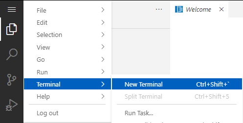 Screenshot of the VSCode context menu with the terminal tab open and new terminal selected.