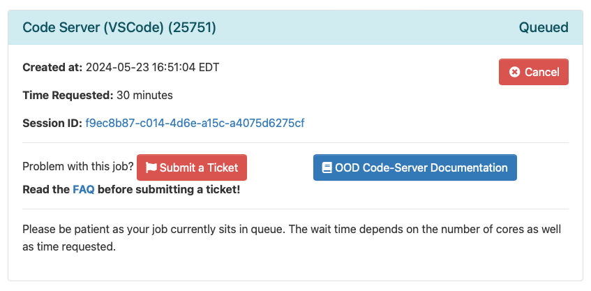 Screenshot of the list of interactive sessions page showing the job waiting in queue